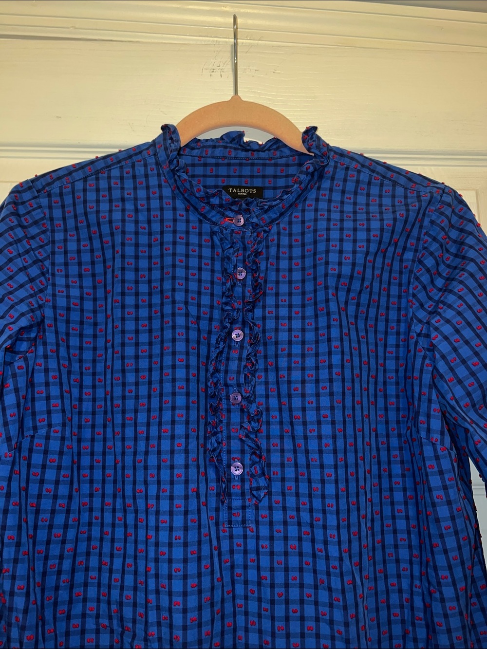 Talbots Navy and Red Checked Ruffle Henley - Picture 5 of 10